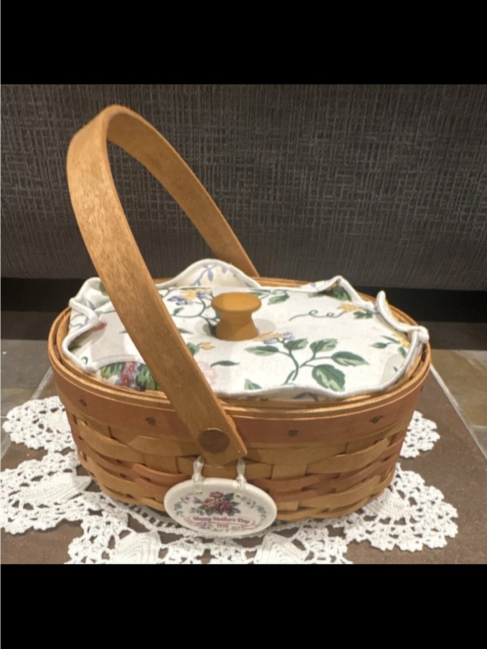 Longaberger Floral-Lined Woven Basket with Wooden Handle Mother’s Day 1999